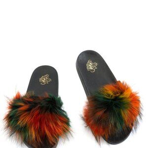 NEW Multi color Luxury Faux Raccoon Fur Colorful Slippers Slides 5.5Flat Mule